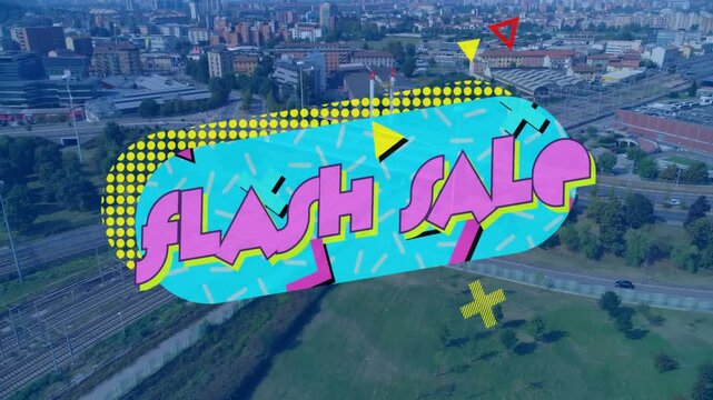 Cityscape being visualized from aerial view showing railway tracks and FLASH SALE in flat design
