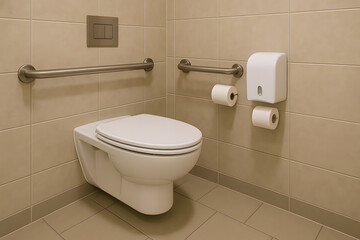 Accessible toilet for people with disabilities featuring support rails, hygienic design, and realistic modern fittings &mdash; close-up in public restroom setting