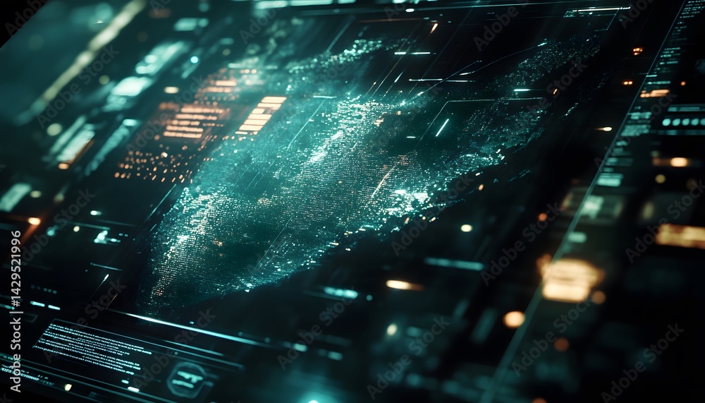 Poster futuristic digital interface displaying complex data and visualizations, showcasing advanced technol