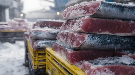 Freshly frozen fish fillets stacked in yellow crates at a seafood processing facility, showcasing the freshness and quality of marine products in the cold storage environment.