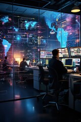 High-tech monitoring room filled with screens and data