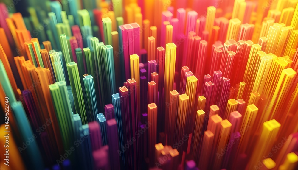 Poster vibrant and colorful abstract design showcasing vertical bars of varying heights and hues, creating 