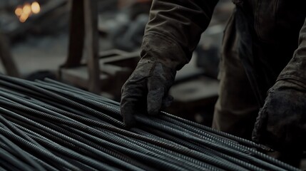 Worker Handling Reinforcement Steel Bars