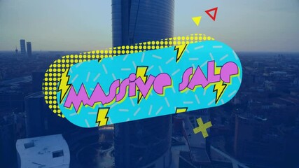 Massive Sale banner floating over dusk skyline with blue pill, lightning bolts, pink text - Powered by Adobe