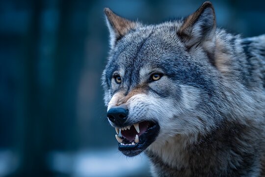 Intense blue dire wolf snarling in fierce portrait style  
