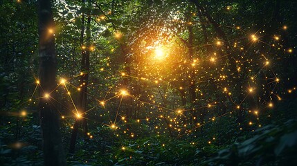 Naklejka premium Mystical forest illuminated by glowing lights
