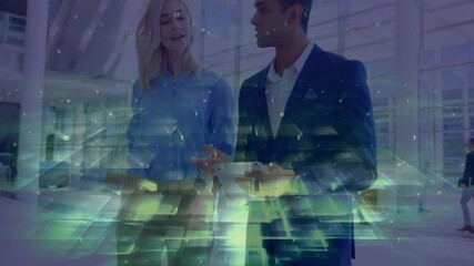 woman and man collaborating on technology project in corporate lobby with holographic data overlays - Powered by Adobe