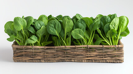  Organic freshness captured from real photo. Basket of fresh spinach leaves with vibrant green color on a white background. Ideal for promoting healthy eating, vegan nutrition, and farm-to-table conce