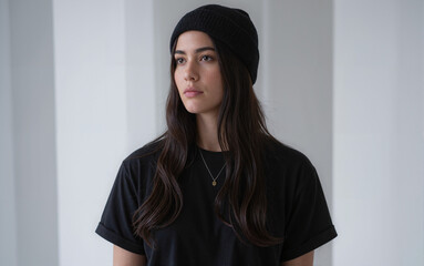 A portrait photograph of a young woman with long dark brown hair wearing a black beanie and a black t-shirt. She is looking to the left side of the frame with a contemplative expression. 