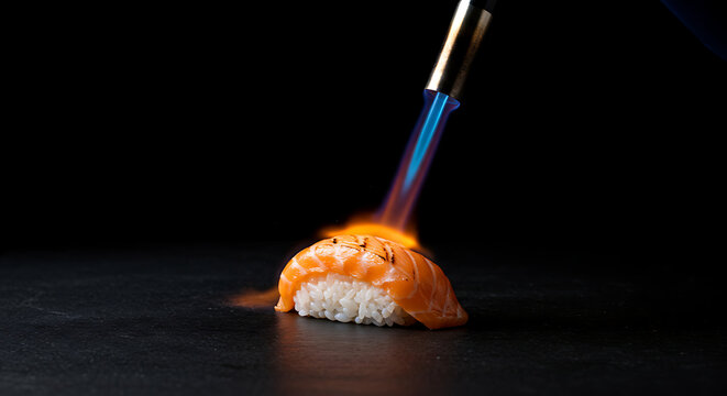 Sushi preparation with a blowtorch, creating a caramelized effect on the salmon. The flame is bright blue, contrasting with the dark background.
