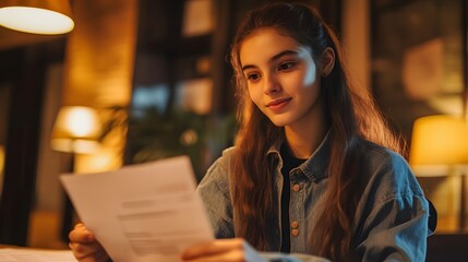 Fototapeta premium A young woman in a cozy setting reads a document thoughtfully, with warm lighting surrounding her. This image captures the essence of contemplation and personal reflection.