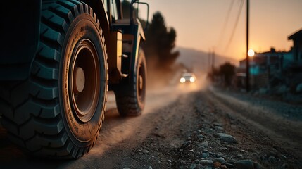 Atmospheric Heavy Machinery Working on Dusty Rural Road at Sunset