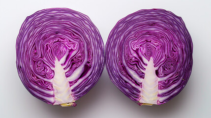  Vibrant natural structure from real photo. Two symmetrical halves of purple cabbage displaying intricate patterns on white background. Ideal for healthy food visuals, organic farming themes, and vege