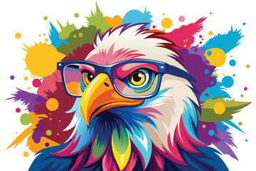 Obraz premium Colorful artistic bald eagle in with colorful paint splatters on white background.