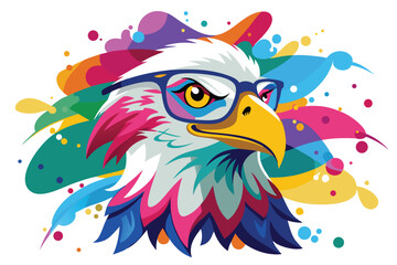 Colorful artistic bald eagle  in with   colorful paint splatters on white background.