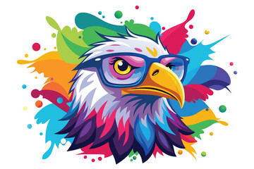 Colorful artistic bald eagle  in with   colorful paint splatters on white background.