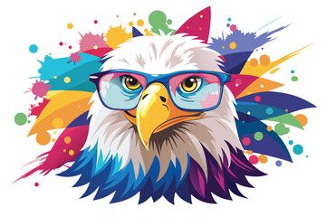 Obraz premium Colorful artistic bald eagle in with colorful paint splatters on white background.