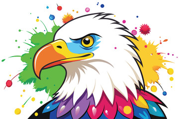 Colorful artistic bald eagle  in with   colorful paint splatters on white background.