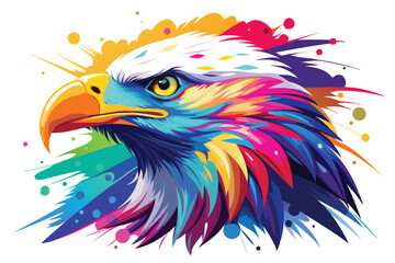 Fototapeta premium Colorful artistic bald eagle in with colorful paint splatters on white background.