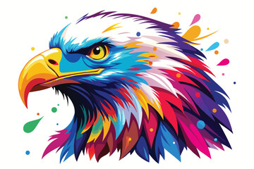 Colorful artistic bald eagle  in with   colorful paint splatters on white background.