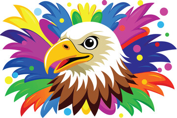 Colorful artistic bald eagle  in with   colorful paint splatters on white background.