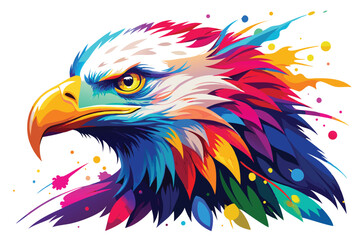 Fototapeta premium Colorful artistic bald eagle in with colorful paint splatters on white background.