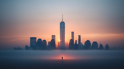 Obraz premium Person gazing at cityscape emerging from fog during sunset