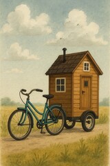 Obraz premium Bicycle towing tiny wooden house on wheels in scenic outdoor landscape