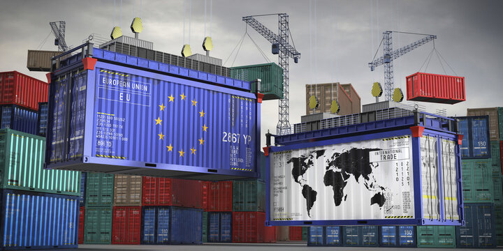 Fototapeta Flags of European Union and world map on cargo containers - international trade concept - 3D illustration