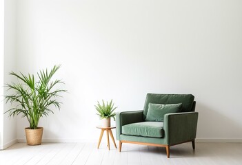 A green chair sitting next to a potted plant in a room.