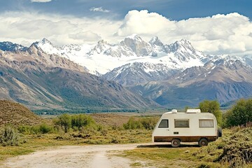 Camper van enjoying stunning mountain view in sunny day