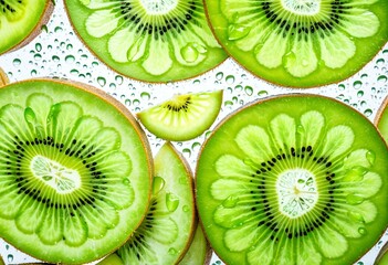 Fototapeta premium A close up of sliced kiwi fruit on a white surface.