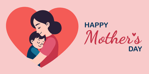 Flat style sticker featuring a loving mom hugging her son inside a heart shape with 