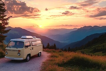 Camper van enjoying stunning mountain sunset view