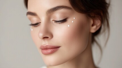 Fototapeta premium Fresh-Faced Woman with Closed Eyes and Cream Dots on Cheeks