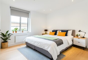 A bedroom with a bed, nightstands and a window.