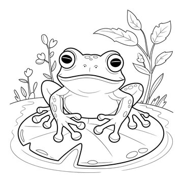 recommend clip art: Cartoon Frog Illustration Outline: Playful Amphibian in a Pond Coloring Page 