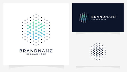 Vector letter K with dot connections in the form of a hexagonal cube icon symbols. Abstract unique monogram logo design inspiration. Gradient colors.	
