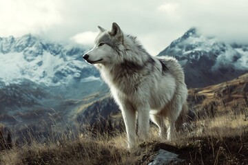 Fototapeta premium stunning dire wolf in breathtaking mountain landscape view 