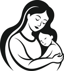 Mother and Child Embrace Minimalist Sketch Art.