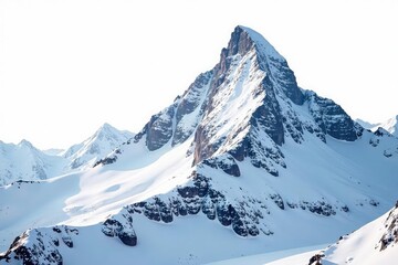 Snow covered mountain peak, dramatic texture on stark white background, peaceful, mountain range, texture