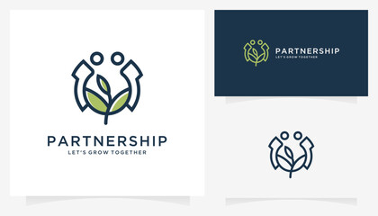 Partner grow icon, vector logo two people and leaves creative template.