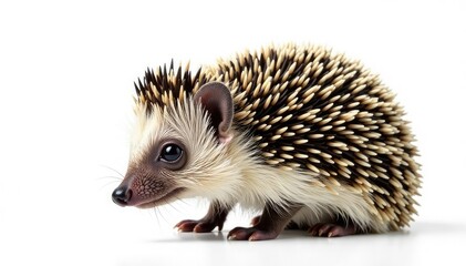 Fototapeta premium Small hedgehog on white background, curled in ball, isolated, hedgehog isolated, image