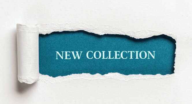 Blue background with torn white paper and new collection text representing fashion announcement product launch or marketing campaign concept