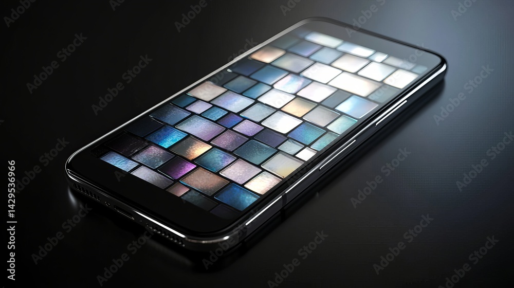 Poster modern smartphone displaying colorful mosaic pattern abstract geometric design digital art technolog