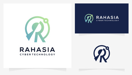 Letter R security and privacy logo design ideas. Vector combined keyhole with dot connection technology, icons template.