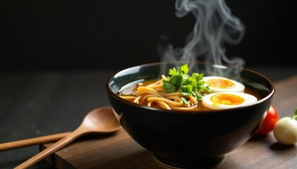 Steaming bowl of ramen, chopsticks, spring onions, top view, close-up