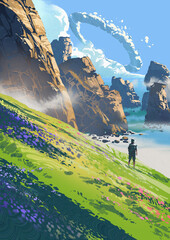 A traveler looks out over rocky sea cliffs and a vibrant hillside covered in flowers under a blue sky with a surreal cloud ring, digital art style, illustration painting