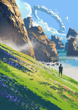 Fototapeta A traveler looks out over rocky sea cliffs and a vibrant hillside covered in flowers under a blue sky with a surreal cloud ring, digital art style, illustration painting