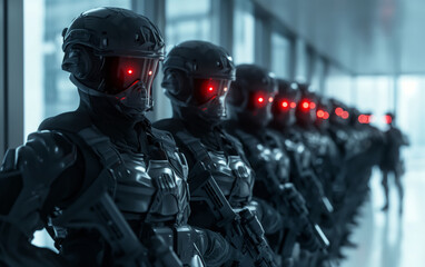 Fototapeta premium Line of robotic soldiers with red visors in high-tech hallway. Futuristic combat concept. 